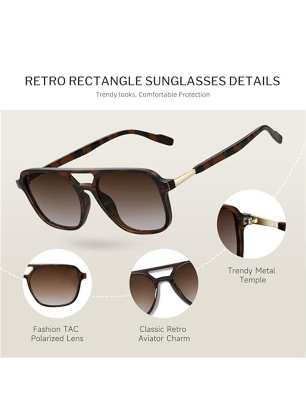Retro Aviator Sunglasses for Women Men Polarized Trendy Vintage 70s Rectangle - Picture 6 of 7